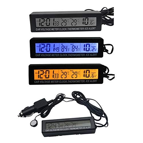 MASO Car Temperature Digital Clock Universal Auto Dashboard Voltage Clocks with Blue And Orange Blacklight LCD Screen Adjustable Vehicle Temperature Gauge with Alert Function 12h/24h Modes