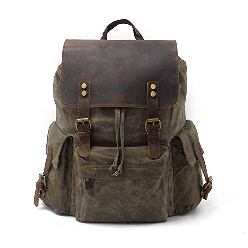 Waterproof Batik Canvas Men's Bag with Leather Backpack Europe and America Retro Backpack Outdoor Travel Bag Large Capacity Bag,Militarygreen