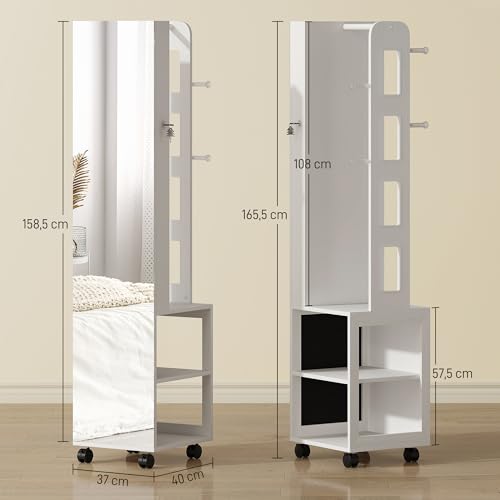 HOMCOM Espejo Joyero con Luces LED de 3 Colores, Armario Joyero de Pie Giratorio 360° con Espejo, Perchero, Cerradura con Llaves, Compartimentos, Superficie Blanca y Forro Beige - imagen 3