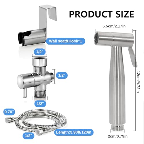 Image of HASTHIP Toilet Spray Gun Pressurized Stainless Steel, Universal G1 /2'' | 4ft Soft Hose Targeted Rinse Control, Easy Toilet Routine, Ergonomic Handheld Body, Flexible Hose, Compatible Thread Fit