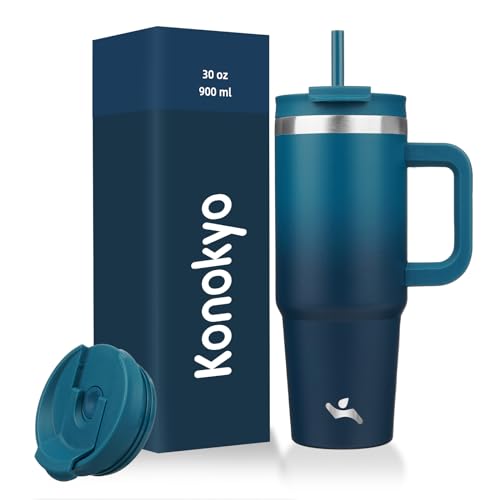 Konokyo 30 oz Tumbler with Handle and 2 Straws,2 in 1 Lid Insulated Water Bottle Stainless Steel Travel Coffee Mug,Indigo Black