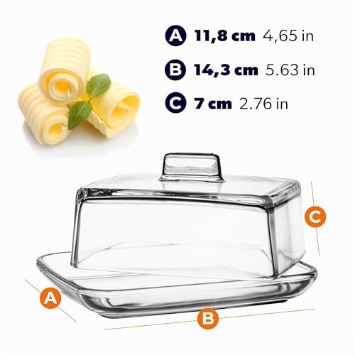 KADAX Butterdose aus Glas, rechteckige Butterglocke, klare Butterschale mit Deckel und Griff, Butterbehälter, Butterschatz, Butterglas, spülmaschinenfest (Transparent)
