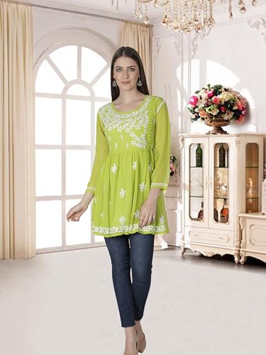 Image of Seva Chikan Hand Embroidered Lucknowi Chikankari Angarkha Georgette Top with Slip for Women SCL4041