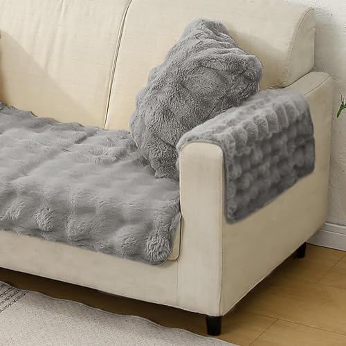 Image of HOKIPO 'FurHug' Premium Faux Rabbit Fur Anti Slip 3 Seater Sofa Mat with 2 Armrest Cover,Cool Grey (NEW-5015-GRY + AR-5149-GRY*2)