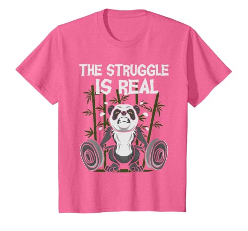 The Struggle is Real - Weightlifting Panda Bear Fitness Gym T-Shirt, Youth, Pink Heather, Small