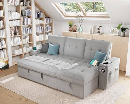 VanAcc Sofa Bed, Modern Tufted Convertible Sleeper Sofa with Pull Out Couch Bed,L Shaped Sofa Couch Withe Storage Chaise, Light Grey Chenille Couches for Living Room