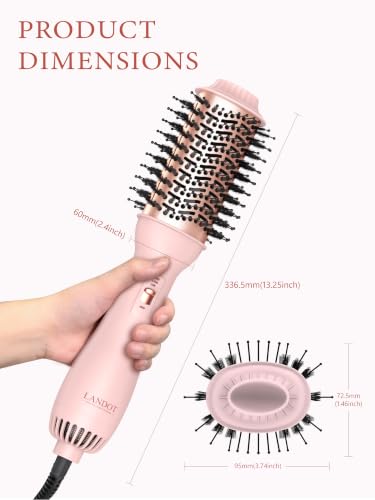 Image of LANDOT Hair Blow Dryer Brush One-Step Hot Air Volumizer for Smooth Blowout | 1000W Fast Drying, Anti-Frizz Ionic, Ceramic Titanium Barrel, 3 Heat /2 Speed Settings, All Hair Types, Salon Results at Home