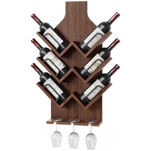 Image of Hoctieon Wine Rack Wall Mounted, 6 Bottles Wood Wine Rack for Display and Storage, Hanging Bottle Holder Bar Shelves for Living Room, Kitchen, Dining Room, Wine Cellar, Walnut