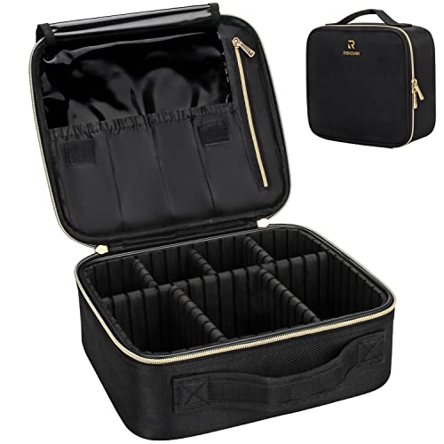 Image of Relavel Travel Makeup Train Case Makeup Cosmetic Case Organizer Portable Artist Storage Bag with Adjustable Dividers for Cosmetics Makeup Brushes Toiletry, Black with Gold Zipper