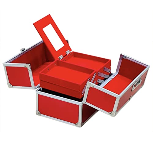 Image of ADSON Professional Beauty Makeup Box Cosmetic Vanity Box /Case 4 Trays With Mirror (Diamond Cut Red)