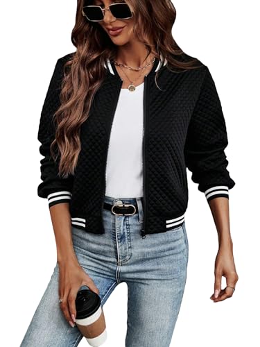 WDIRARA Women's Striped Trim Zipper Up Long Sleeve Casual Bomber Jacket Outerwear