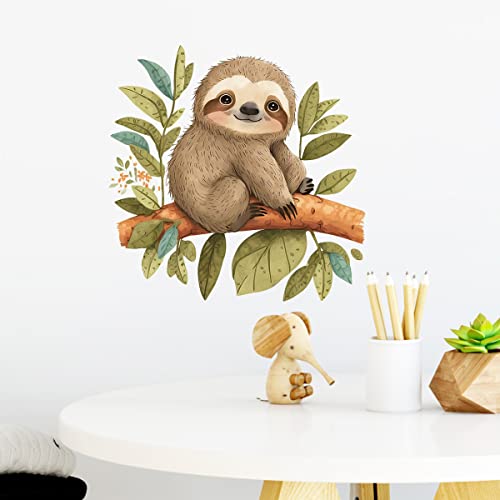 Image of RoyoLam Cute Cartoon Sloth on Tree Branch Wall Decal Nursery Animal Wall Sticker Removable Peel and Stick Wall Art Decor Stickers for Kids Baby Classroom Preschool Playing Room Bedroom School