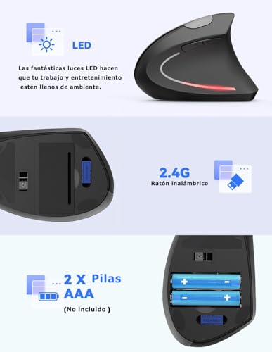Wowssyo Ratón inalámbrico Vertical ergonómico, 1600/1200/800 dpi 5 Botones, ratón óptico inalámbrico, 2,4 G USB Vertical ergonómico óptico para Windows y Mac OS - imagen 7
