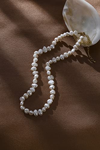 Natural Freshwater 5-10mm Baroque Pearsl Choker Necklace for Women White Pearl Beaded Necklace Strand Elegant Summer Layering Jewelry for Wedding Bride Bridesmaids Gift 16" Princess Length4