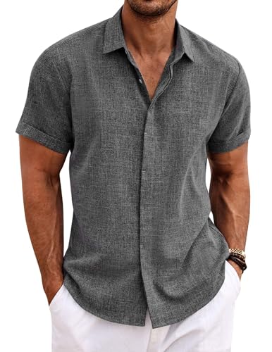 COOFANDY Camisa de Lino para Hombre Manga Corta Camisas Informales Camisa de Lino para Verano y Playa Gris Oscuro L