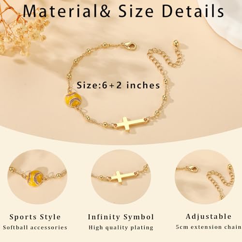 Image of Softball /Volleyball /Soccer /Basketball Football Bracelet for Girls Women, 14K Gold Plated Cross Link Chain Sport Accessories Christian Jewelry Gifts for Teens Team Coach Players