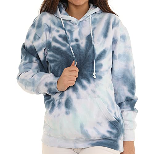 Pure Essence Tie Dye Long Sleeve Pullover Hoodie For Men And Women, Fleece Hooded Sweatshirt With Front Pocket And Drawstring, Seablue Navy, Small #TOP1