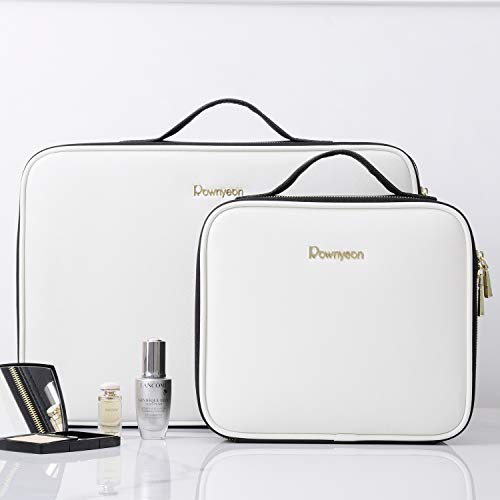 Rownyeon Makeup Case with Mirror Makeup Brush Bag 14.5inch Portable Train Cosmetic Case Organizer with Adjustable Dividers for Cosmetics Toiletry Jewelry Digital Accessories