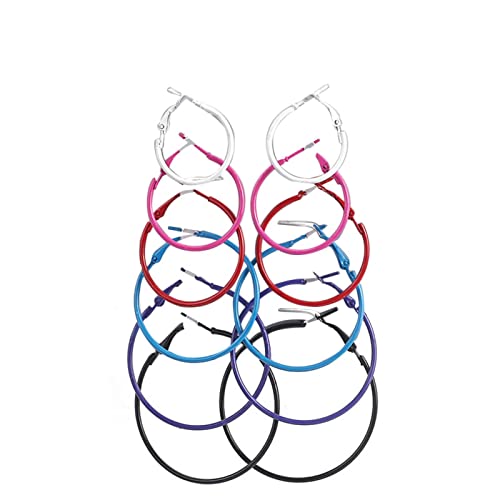 6 Pairs Classic Colorful Punk Large Small Round Hoop Earrings 80s 90s Retro Colored Black White Circle Neon Earrings for Women Personality Fashion Party Costume Jewelry-B colorful 2