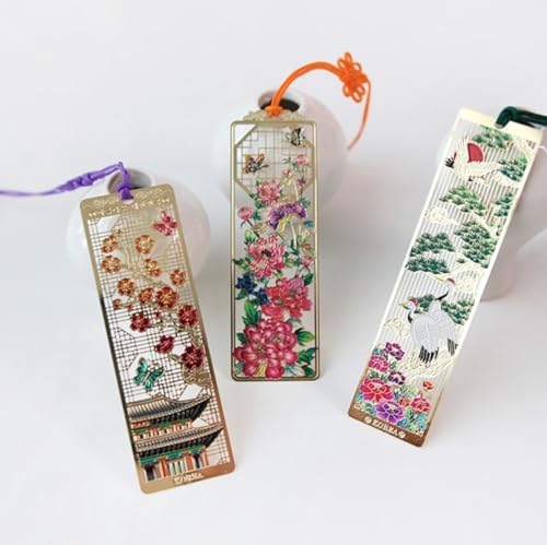 POSITONING 伝統工芸金箔しおり, 韓国デザイン文化雑貨, 花柄・建築モチーフ, タッセル付き, 15x4cm, 贈り物・記念品向け, 本用ブックマーク (5)?)