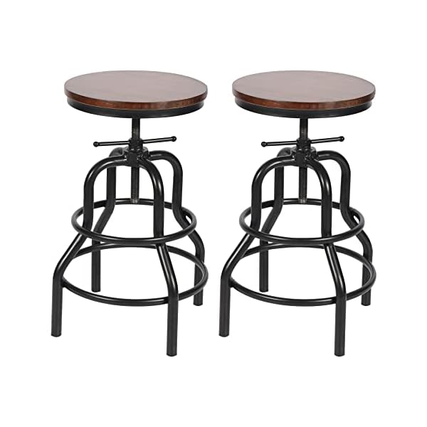 REDCAMP 20-27 Inch Vintage Industrial Swivel Bar Stools Set of 2, 13" W Metal Barstools Counter Height Adjustable with Footrest for Kitchen Farmhouse Dining Room, Wood Top, Rustic Brown