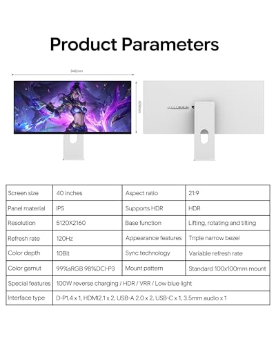 Image of P40K 40'' UHD 5K (5120 x 2160) 120Hz Gaming Monitor, IPS Panel, 10-Bit Color, 99% sRGB, 98% DCI-P3, HDR, 1300:1 Contrast, Eye Care, Anti-Glare (Minimalist - with Stand x2)