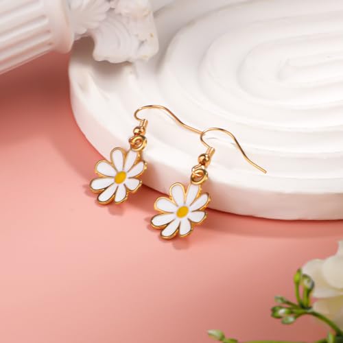 Daisy Flower Earrings for Women, Cute Sunflower Small Dangle Drop Earrings Gold Minimal Vintage Daisy Flower Hook Earrings Statement Jewelry Gift for Girls Teen Sweet Earrings3