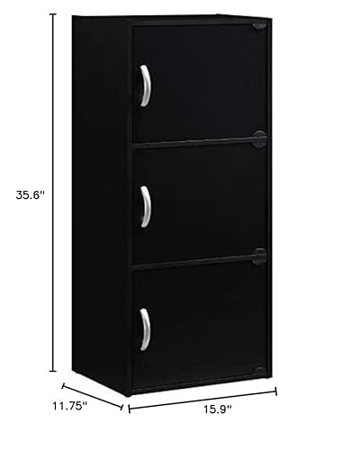 Hodedah Import 3-Shelf Bookcase Cabinet, Black #TOP2