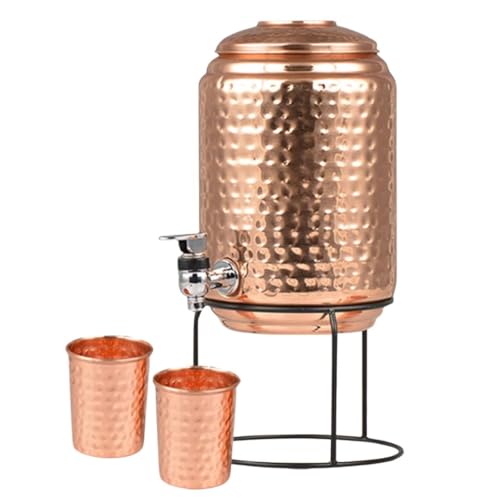 Image of Pure Copper Hammered Water Dispenser 5 Litre | Ayurvedic Water Storage Pot with Tap & 2 Copper Glasses | Rustic Finish | Rustproof & Durable | for Home & Kitchen