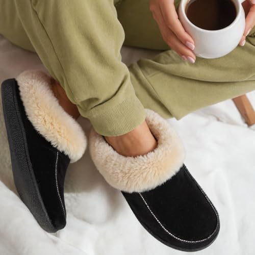 HomeTop Women's Comfy Moccasin Style Memory Foam Slip on Slippers Soft Micro Suede Clog House Shoes with Luxury Fuzzy Fur Collar2