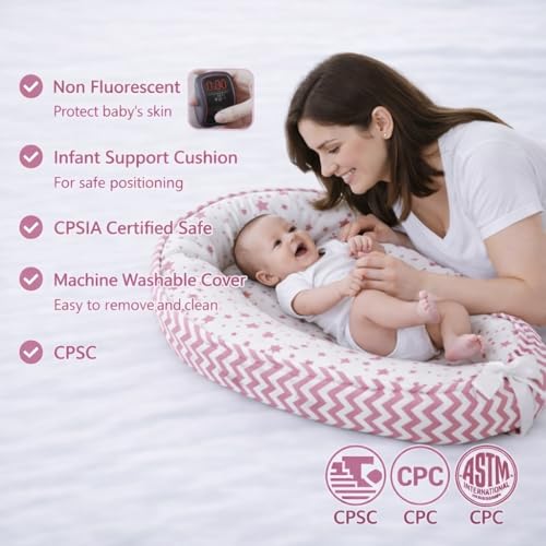 Image of Aila+Aiden Baby Lounger | Organic Cotton Infant Lounger | Reversible, Adjustable & Portable Floor Lounger | Supervised Use | Soft, Breathable, Washable Cover - Star Collection (Pink)