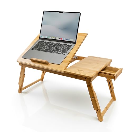 MOVADEK Table de Lit pour Ordinateur Portable – Bureau de Lit Réglable en Bambou avec Tiroir, Tapis de Souris et Organisateur de Câbles – Table PC Portable Pliable...
