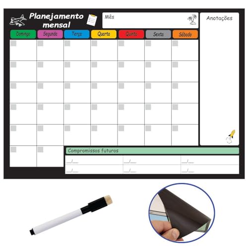 Kit Planejador Mensal e Semanal 30cm x 40cm Magnético Para Geladeiras Quadro Planejamento Apagável +