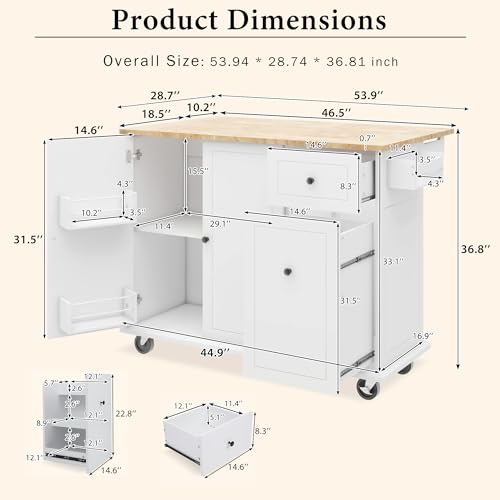Kitchen-Island-with-Drop-Leaf-Storage-Rack-539-Width-Rolling-Kitchen-Cart-on-Wheels-WInternal-Storage-Rack-and-3-Tier-Pull-Out-CabinetSpice-Rack-for-Dining-RoomHome-BarWhite Kitchen Island with Drop Leaf Storage Rack 539 Width Rolling Kitchen Cart on Wheels WInternal Storage Rack and 3 Tier Pull Out CabinetSpice Rack for Dining RoomHome BarWhite