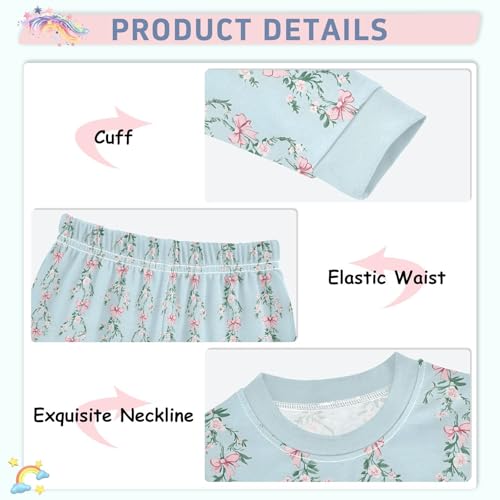 Cartoon Pajamas Set Pink Bows Flower Pattern Leaves Long Sleeve PJs Cotton Jammies Sleepwear Top and Pants4