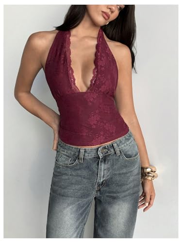 Milumia Women's Floral Lace Deep V Neck Halter Top Sexy Tie Backless Going Out Tank Tops4