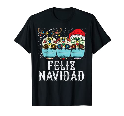 Feliz Navidad Sugar Skull In Mask Funny Xmas Quarantine Gift Camiseta