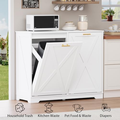 Image of Double Tilt Out Trash Can Cabinet, Wooden Farmhouse Kitchen Garbage Bin Enclosure with Negative Ion Odor Control, Hidden Dog Proof Trash or Laundry Basket Storage for Laundry Room, White