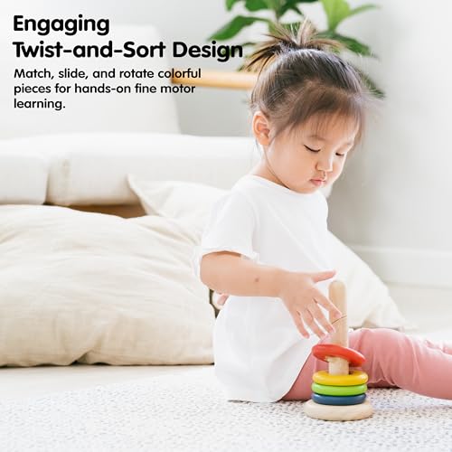 Image of PlanToys Twist & Sort Wooden Stacking Toy for Toddlers | Montessori Fine Motor Toy with Twistable Rod & Colorful Rings | Eco-Friendly Educational Puzzle for Kids Ages 2+