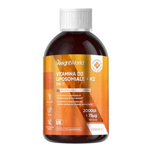 Vitamina D3 K2 Gocce, 250ml, Vitamina D3 Liposomiale 2000 UI, Vit K2 (MK-7) 75µg, 50 Dosi, Aroma ai Frutti di Bosco, Colecalciferolo, Menachinone, Vegano, Privo di Magnesio Stearato e Senza Glutine