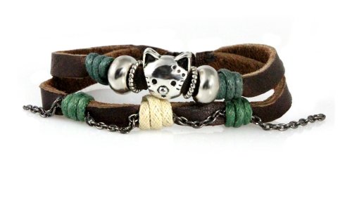 Topicy Cute Cat Bead Multi Strand Leather Zen Charm Bracelet, Adjustable, in Gift Box