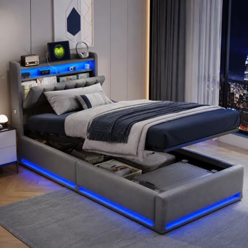 Image of Single Bed Frame with Hydraulic Storage, 3FT Upholstered Ottoman Lift Up Storage Bed with Charging Station USB, LED, Solid Wood Slats, Grey Plush Fabric