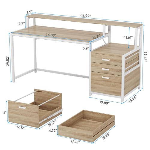 Image of Tribesigns 63 Inch Computer Desk with File Drawer Cabinet, Ergonomic Office Desk with Monitor Stand, Industrial Computer Table with Printer Space, Wood PC Table Workstation Desk for Home Office