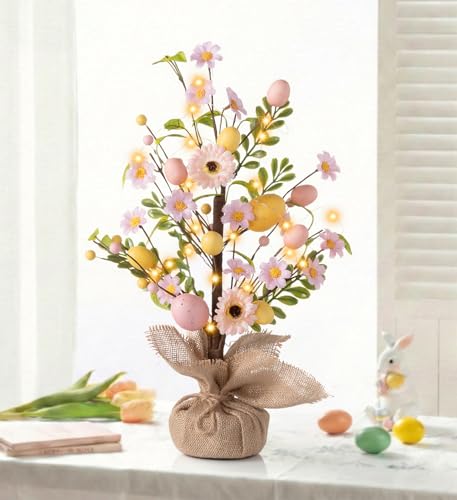 Easter Decorations Pre-Lit Easter Tree, 18 Inch Tabletop Easter Egg Tree with 30 LED Lights & Timer, Battery Operated Spring Decor for Table Mantel Kitchen Shelf