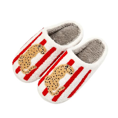 Image of Women's Men's Happy Face Heart-shaped Cat Slippers - Retro Leopard Print, Memory Foam, Soft Plush, Warm, Anti-Slip Home Shoes