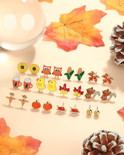 12 Pairs Hypoallergenic Fall Thanksgiving Earrings Set for Women Girls Pumpkin Maple Leaf Turkey Corn Squirrel Sunflower Stud Earrings for Teen Girls Fall Jewelry Autumn Earrings Thanksgiving Gifts2