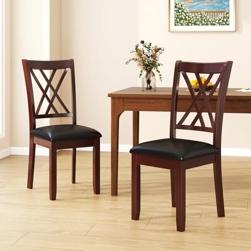 Image of COSTWAY Wooden Dining Chairs Set of 2 with PU Leather Padded Seat, Walnut | Farmhouse Armless Kitchen Side Chair with Rubber Wood Frame & High Back for Dining Room, Living Room and Restaurant