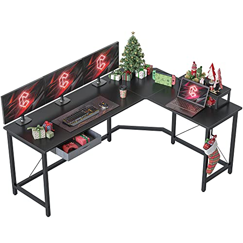 CubiCubi Moderner L-förmiger Computertisch, 170 x 120 cm PC-Tisch, Stabiler Schreibtisch für Gaming, Eckschreibtisch mit Monitorständer und Schublade, ecktisch groß bürotisch, Schwarz