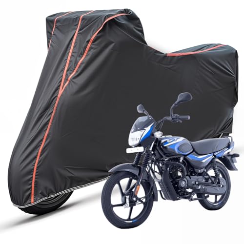 Image of Two Wheelers Bike Body Cover Compatible for Bajaj CT 100, UV Resistant, Dustproof, Triple Stitched, Elastic Bottom, Red Piping Motorcycle Cover (Black, Pack of 1)