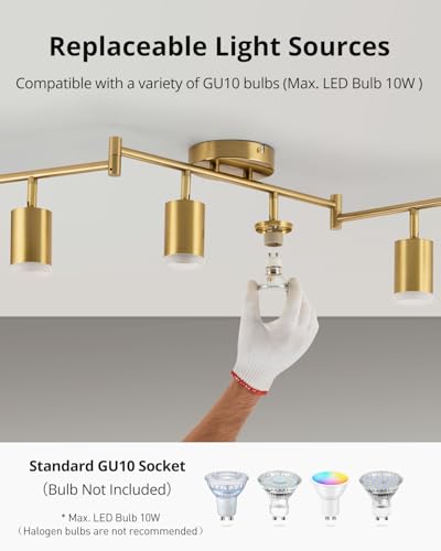 Bojim 6 Light Gold Track Lighting Kit, Modern LED Track Lighting Fixtures Ceiling, Flexibly Rotatable LED Light Head with Acrylic Ring, Kitchen Ceiling Spot Light(GU10 Socket, Bulbs Not Included) - Image 6